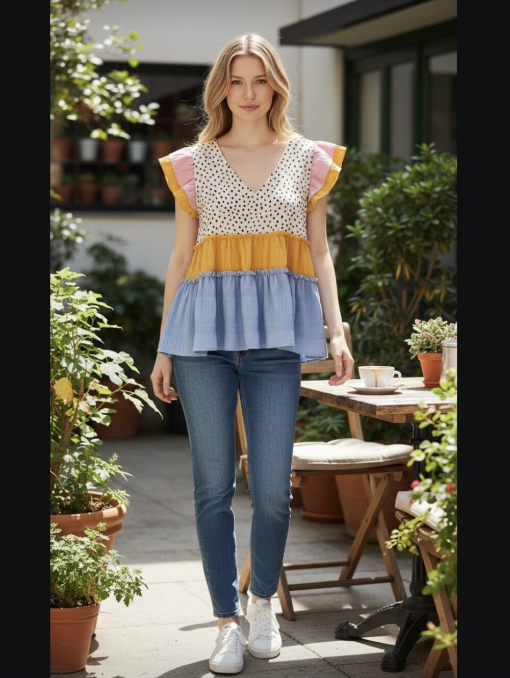 THML Polka Dot & Colorblock Ruffle Peplum Top - Yellow, Blue, Pink